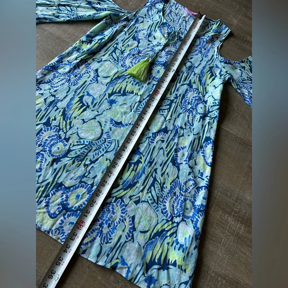 Lilly Pulitzer Cold Shoulder Dress Sz Small Tasseled Airy Blue Green EUC - Picture 10 of 12